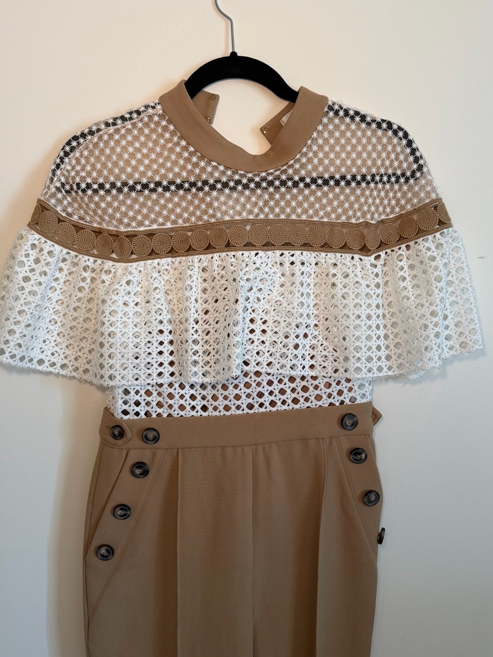 Self-Portrait Tan & White Crochet Overlay Midi Skirt